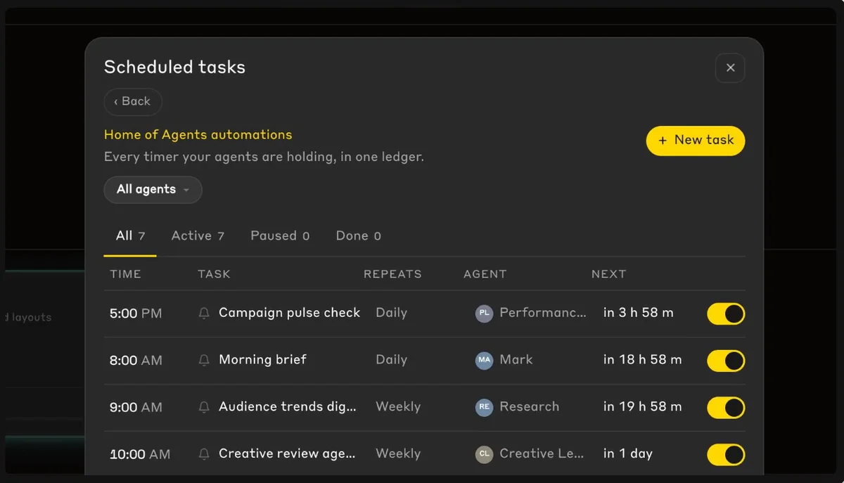 Scheduled tasks list with times, agents and next run